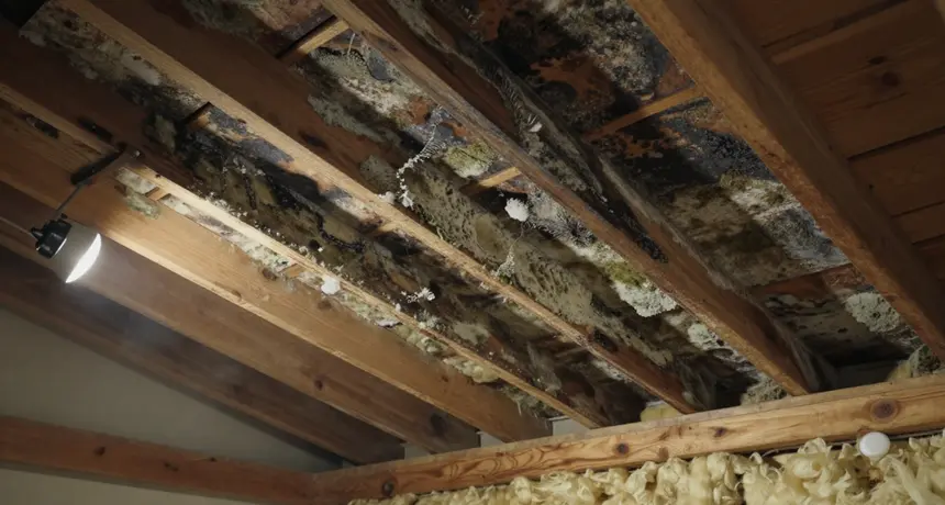 Dark mold staining across attic roof sheathing