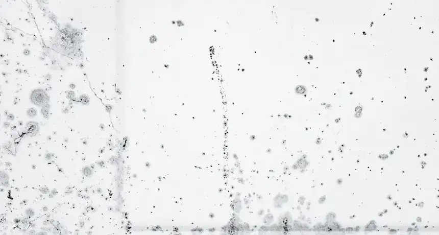 Black mold spore growth patterning across a white wall surface