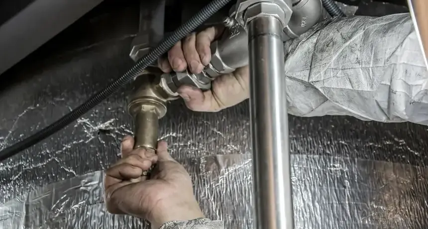 Plumber repairing a failed copper supply pipe after a burst