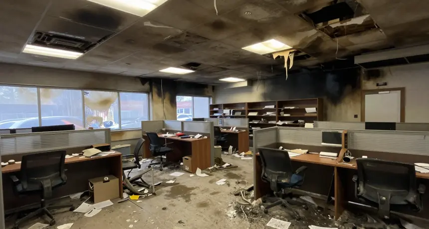 Fire-damaged commercial interior awaiting restoration