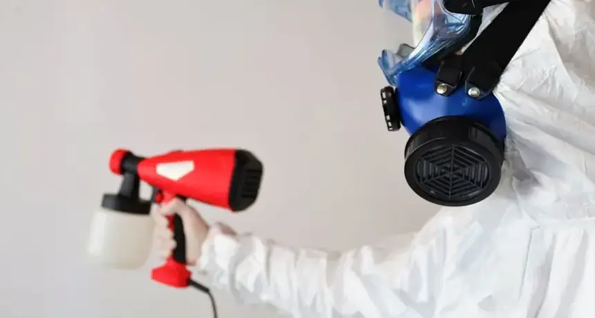 Worker in protective gear treating a crawlspace with antimicrobial