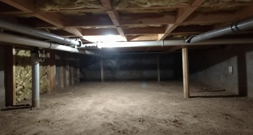 Technician assessing standing water in a crawlspace