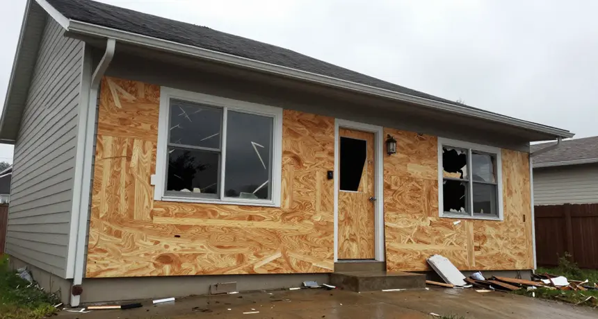 Plywood board-up securing a fire-damaged Fairfax home