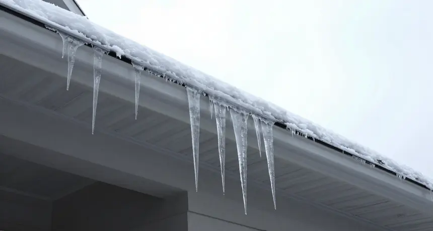 Ice dam building along a roof eave in winter