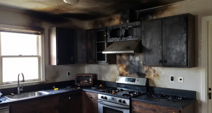 Fire-damaged kitchen with charred cabinets before cleanup in Fairfax VA