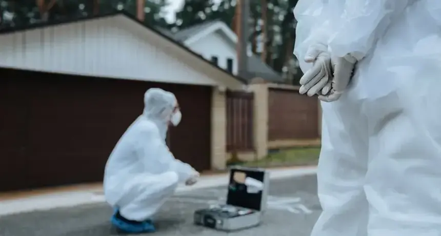 Inspectors in protective suits conducting mold sampling