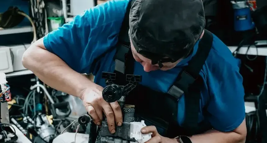 Technician servicing an oil burner after a puffback