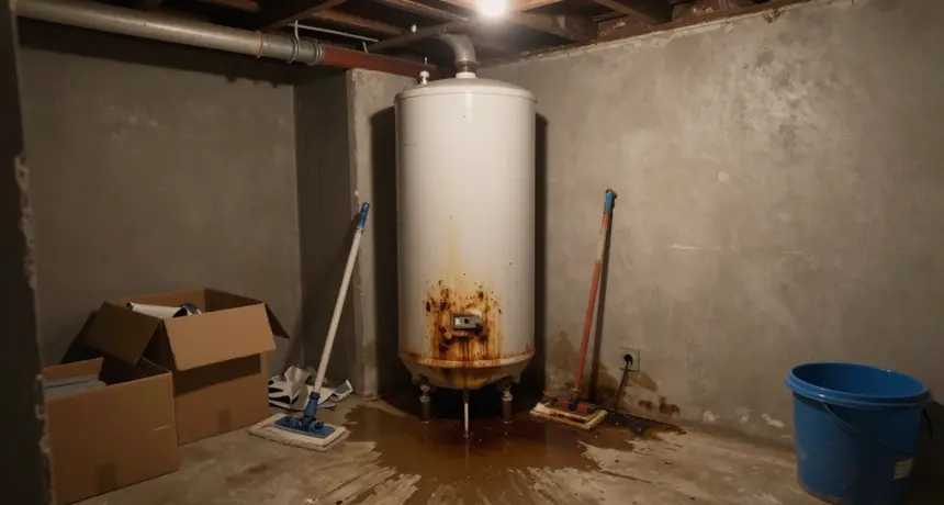 Failed water heater tank leaking across a utility floor