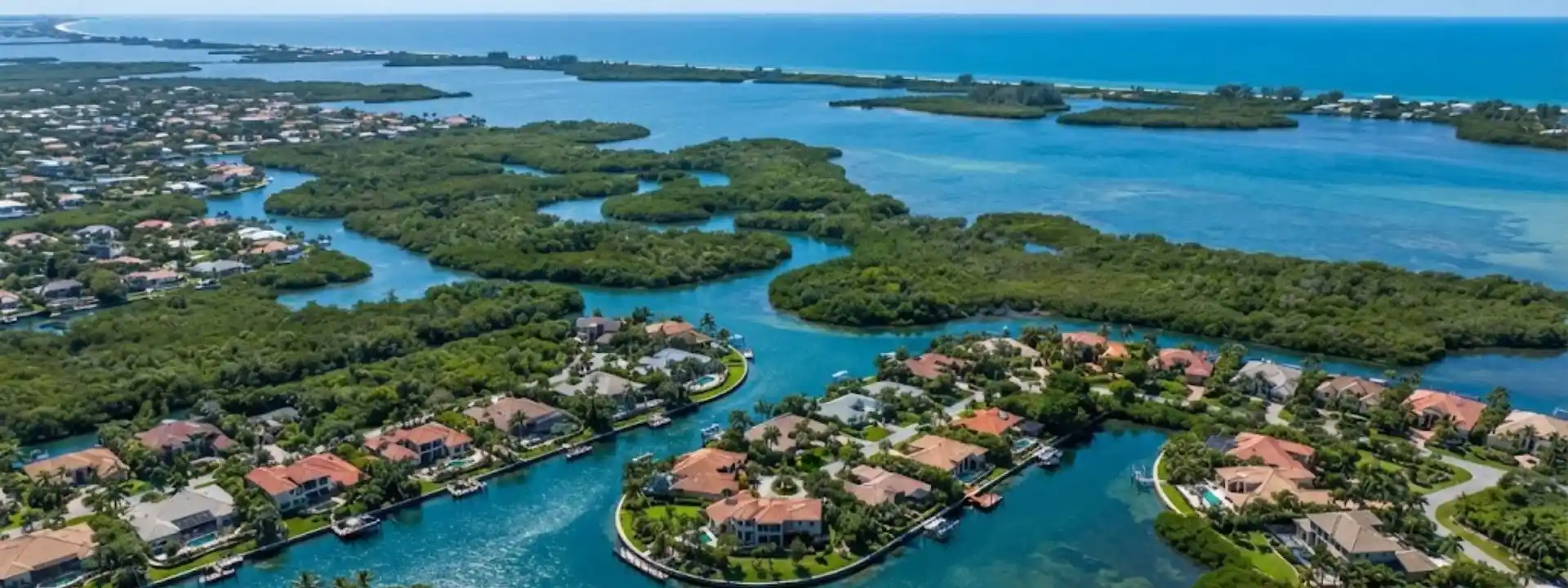 Map-style aerial view of Bonita Springs and surrounding Southwest Florida coastal communities